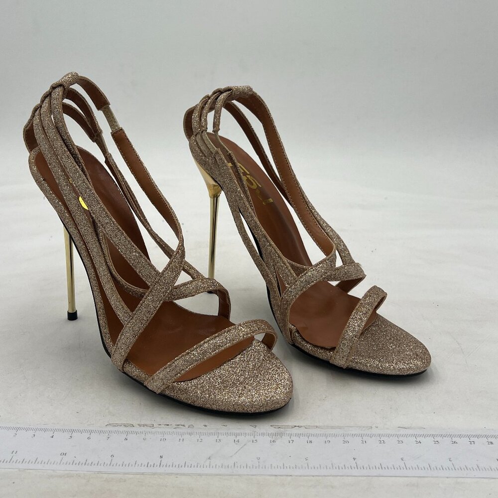 FSJ Gold Glitter Strapy Open Toe High Heels Sandals Party Dress Shoes